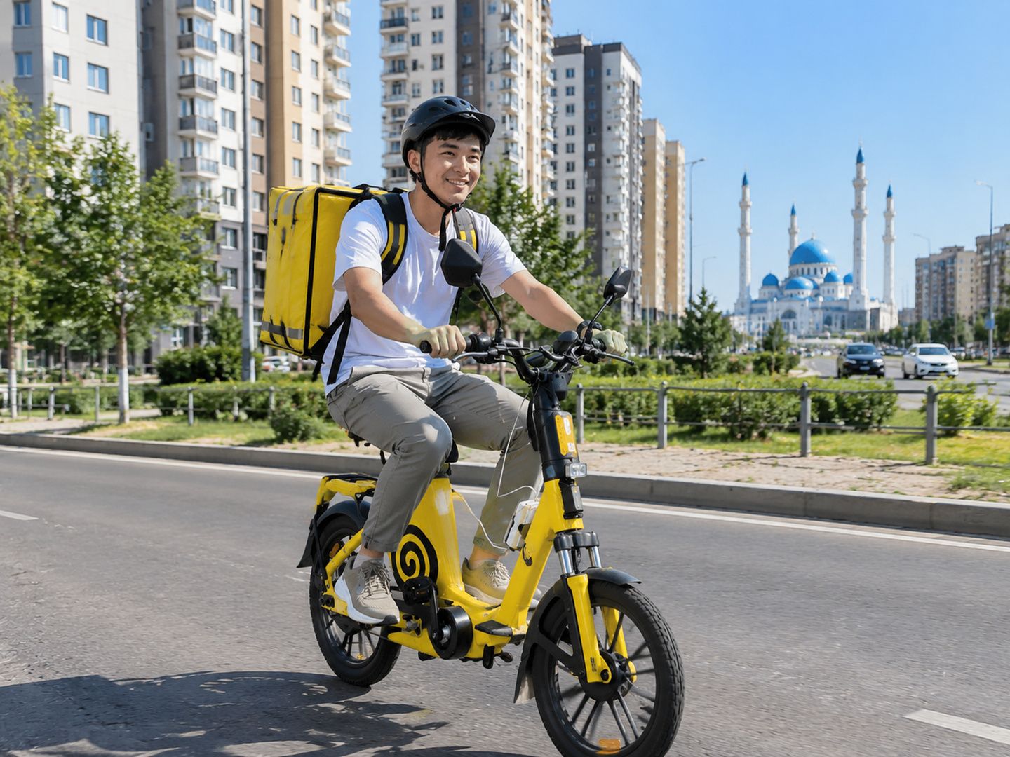 Курьер Яндекс Еды на жёлтом электровелосипеде летом в Актобе у новых многоэтажек