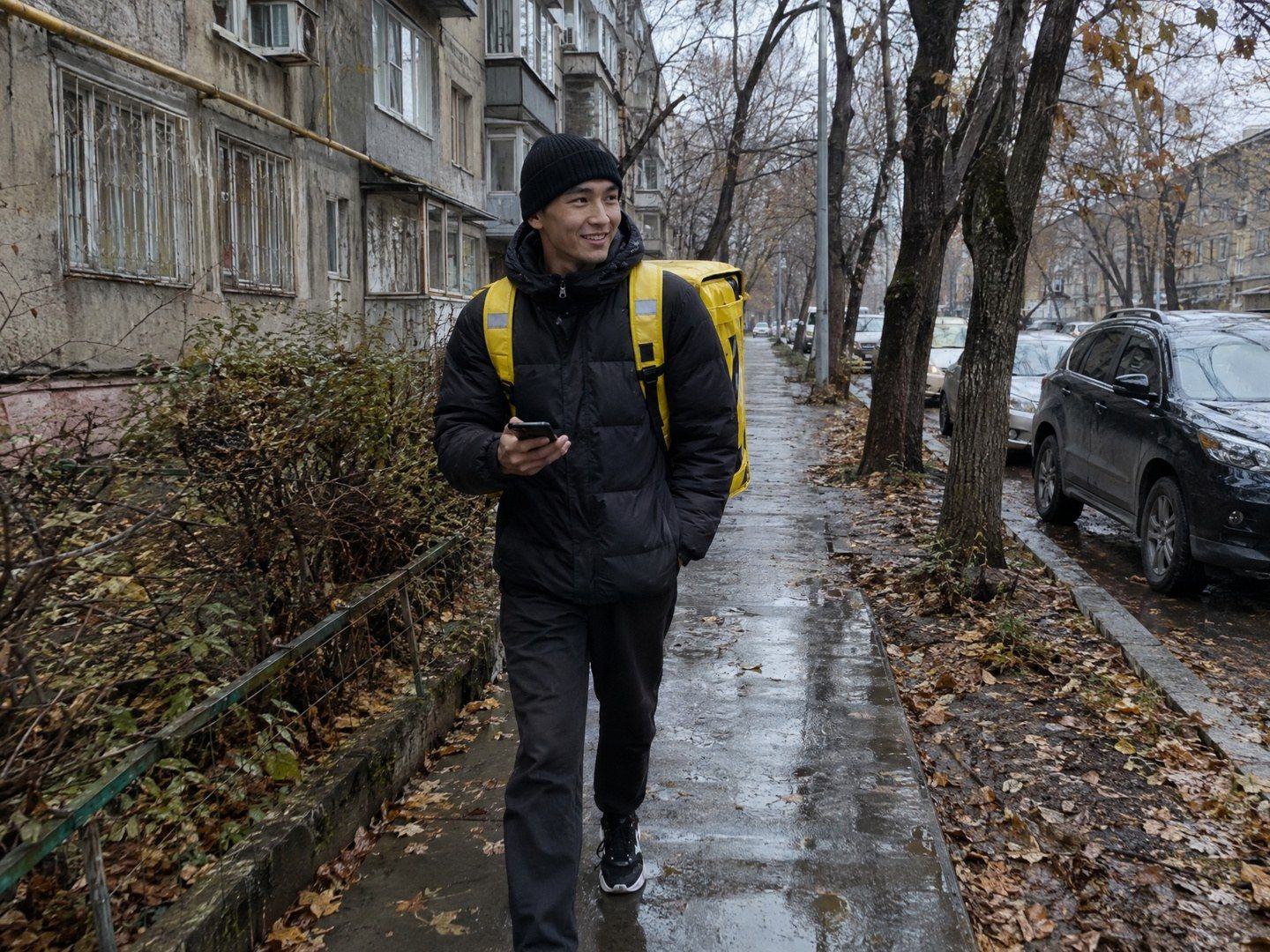 Пеший курьер с жёлтым термокоробом Яндекс Еды идёт по улице Алматы поздней осенью