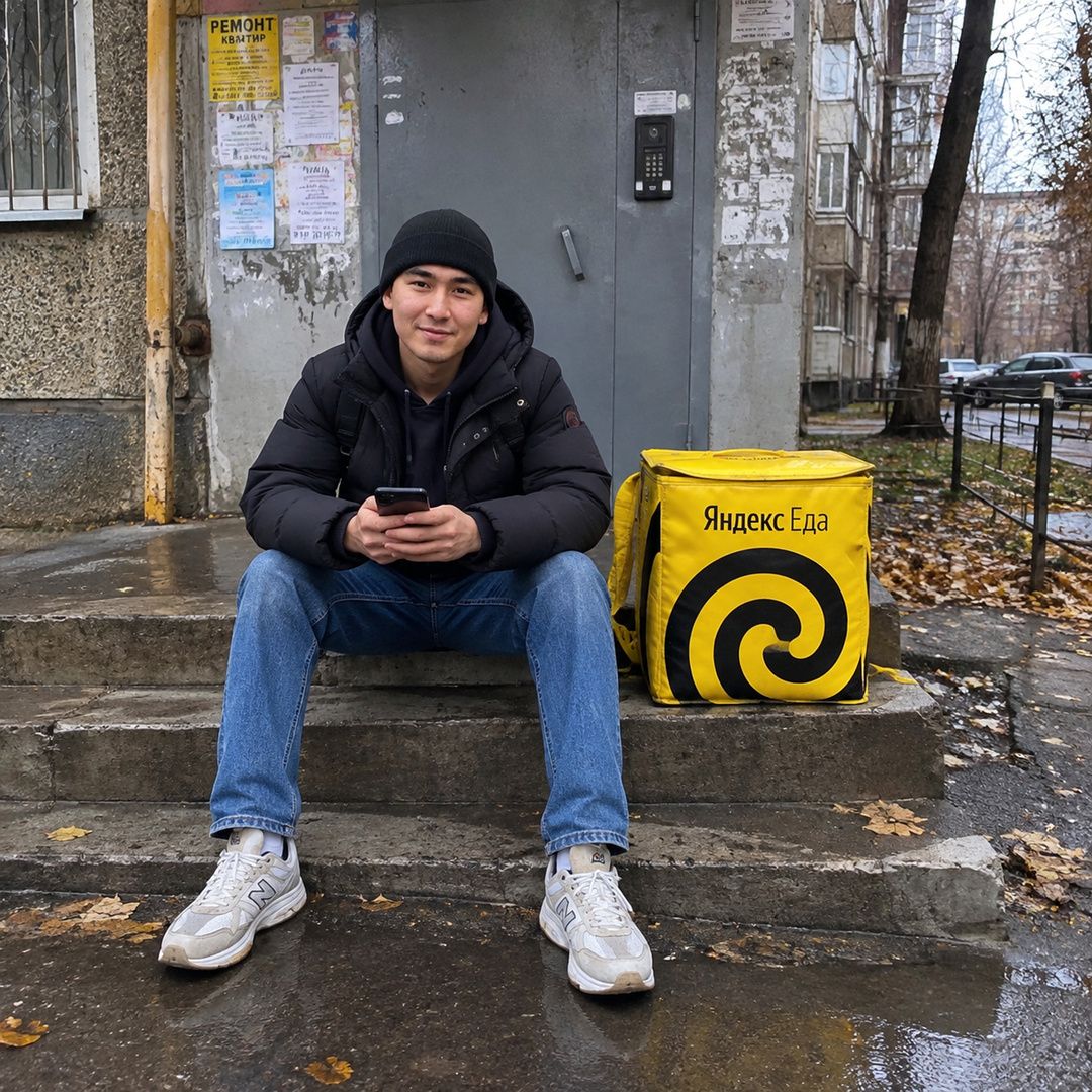 Курьер Яндекс Еды сидит у подъезда в Алматы с жёлтым термокоробом