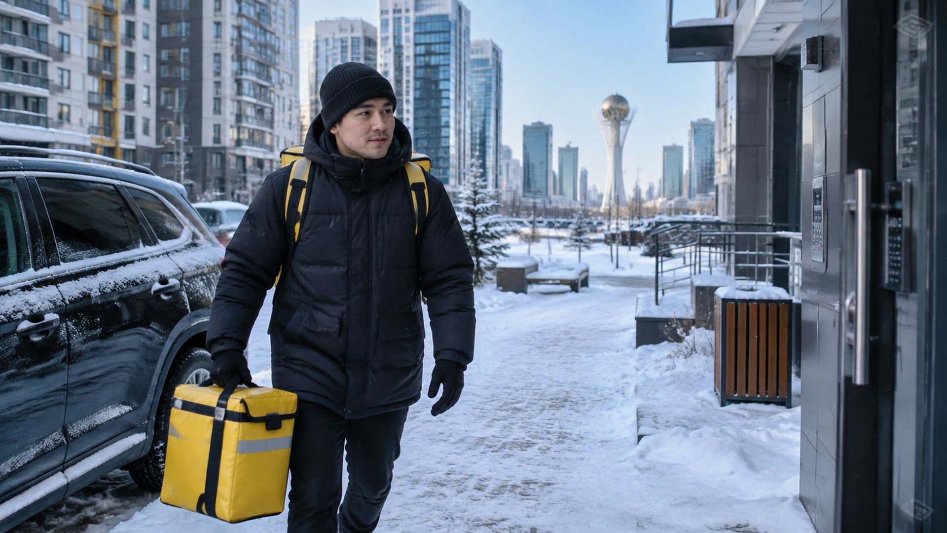 Курьер Яндекс Еды с термокоробом зимой идёт к подъезду в Астане