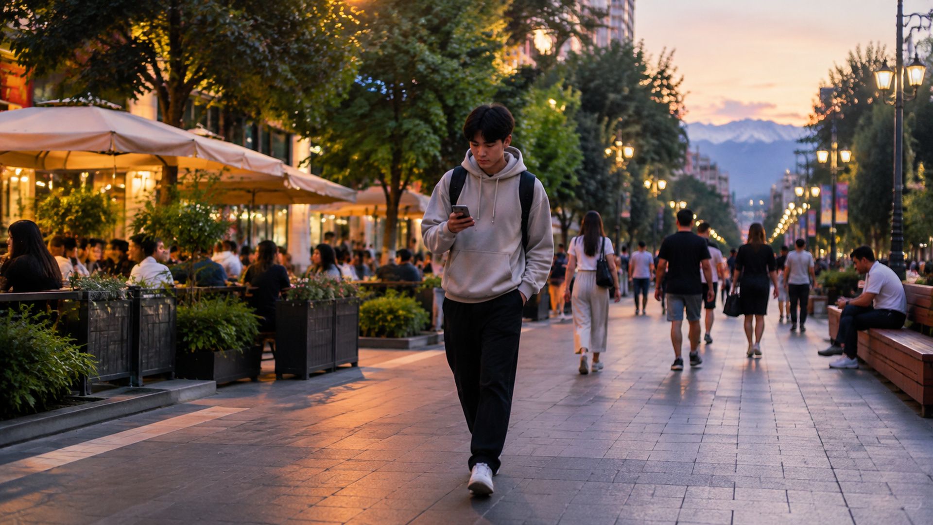 Парень на пешеходной улице Алматы летним вечером ищет подработку в смартфоне
