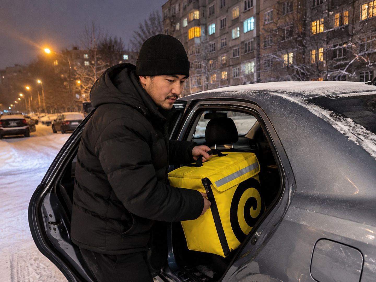 Курьер на авто достаёт термокороб Яндекс Еды из машины у дома в Павлодаре зимой