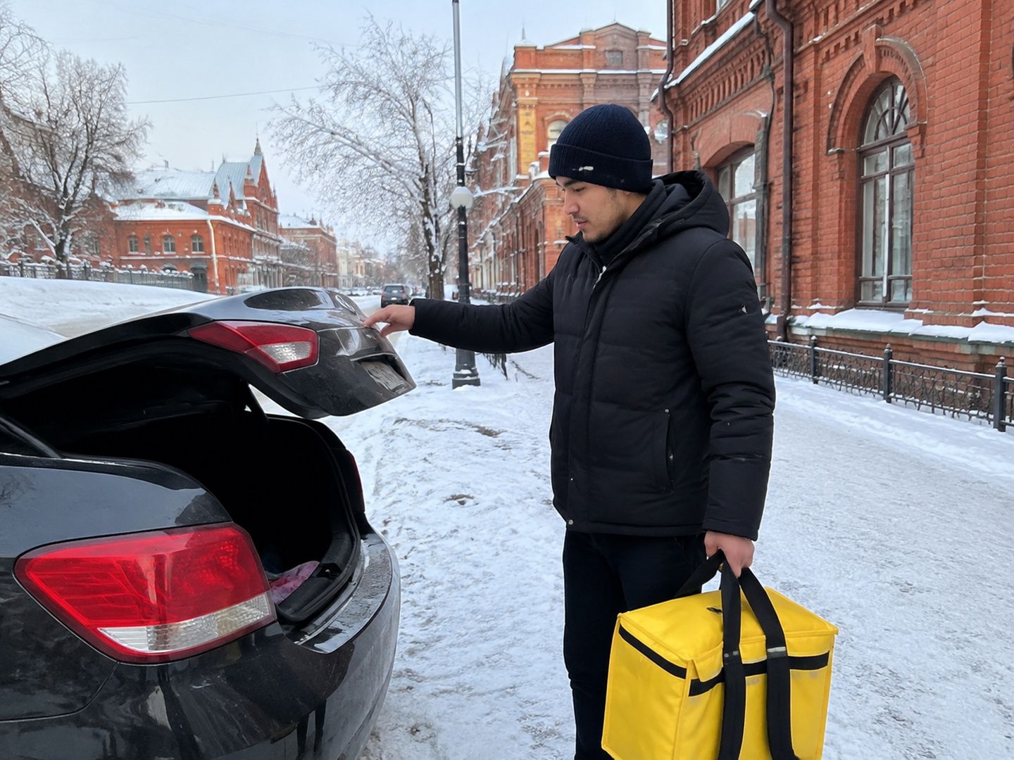 Курьер Яндекс Еды зимой в старом центре Уральска у седана с термосумкой