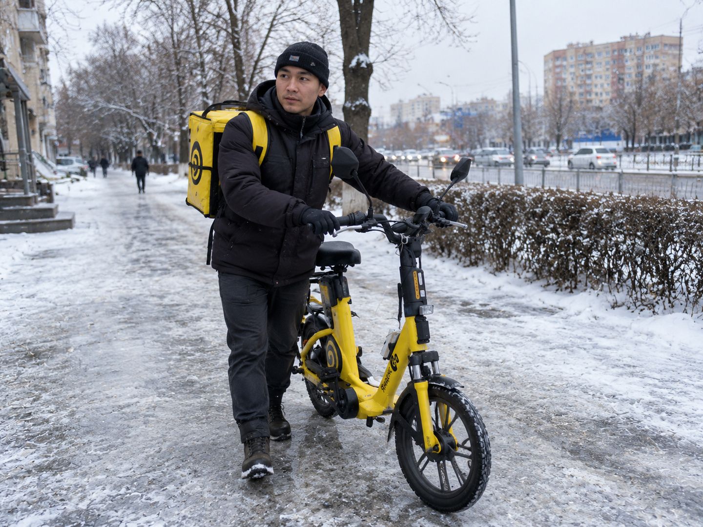 Курьер зимой осторожно ведёт жёлтый электровелосипед по обледеневшему тротуару в Уральске